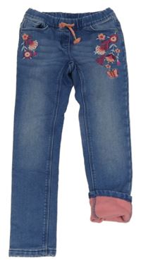 Modré zateplené skinny rifle s výšivkami květů C&A