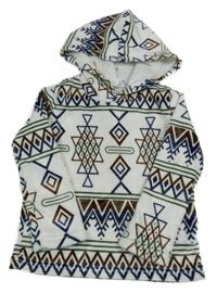 Bílo-modro-zelená vzorovaná plyšová mikina s kapucí 