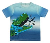 Modro-bílé tričko s dinosaurem z překlápěcích flitrů Pep&Co