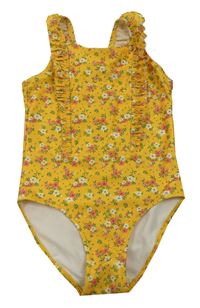 Hořčicové květované jednodílné plavky s volánky H&M