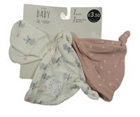 Nové - 3set - Bílá čepice s králíčky + růžová čepice se srdíčky + bílé rukavice s králíčky 