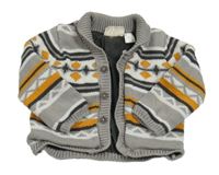 Šedo-bílo-hořčicový vzorovaný propínací podšitý svetr Lupilu