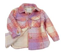 Nové - Fialovo-růžovo-bílá kostkovaná flaušová košilová podšitá bunda Matalan