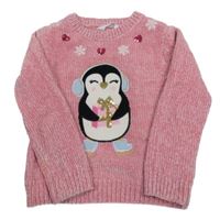 Růžový žinylkový svetr s tučňákem Primark