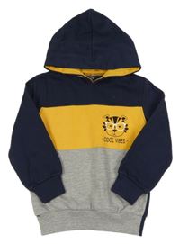 Tmavomodro-hořčicovo-šedá mikina s tygrem a kapucí Kiki&Koko