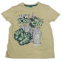 Béžové tričko s potiskem a listy 