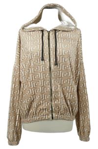 Dámská béžovo-bílá vzorovaná plyšová crop propínací mikina s kapucí 