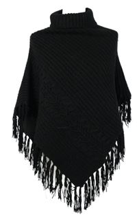Dámské černé svetrové pončo s třásněmi a rolákem Debbie Morgan 