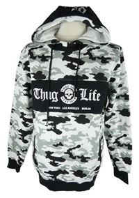 Pánská černo-šedo-bílá army mikina s nápisem a kapucí Thug Life 