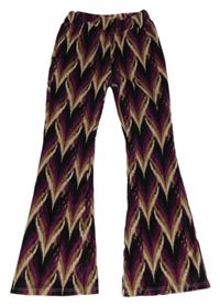 Fuchsiovo-černo-béžové vzorované plyšové flare legíny