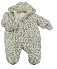 Smetanová chlupatá zateplená kombinéza s leopardím vzorem a kapucí+ rukavice Mothercare