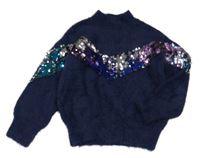 Tmavomodrý chlupatý svetr s flitry Zara