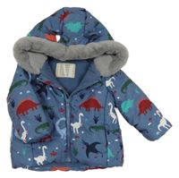 Modrá šusťáková zimní bunda s dinosaury a kapucí John Lewis
