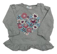 Šedé triko s kytičkami a sovičkami Topomini