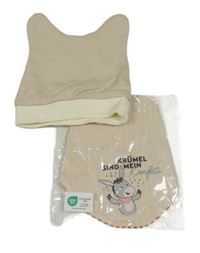 2set- světlebéžová čepice+ slinták s oslíkem