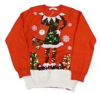 Nové - červeno-bílý svetr s obrázkem z flitrů 