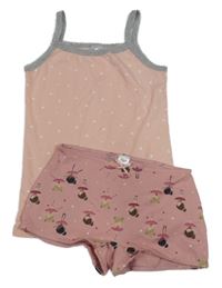 2set - růžovo-šedé tílko s hvězdičkami + růžové kalhotky s baletkami