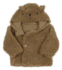 Hnědá huňatá podšitá propínací mikina s oušky a kapucí Tu