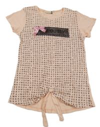 Světlerůžové tričko s písmeny a síťkou a mašlí