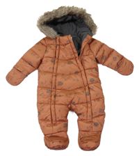 Rezavá šusťáková zimní kombinéza s ježky a houbami a kapucí Primark