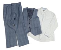 3set - Bílá košile + světlemodrá kostkovaná vesta + kalhoty Next