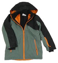 Černo-šedá šusťáková lyžařská bunda s oranžovým zipem a kapucí 