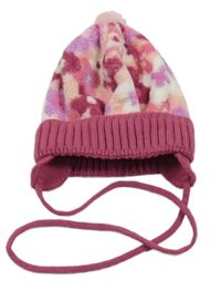 Růžovo-bílá chlupatá čepice s kytičkami 