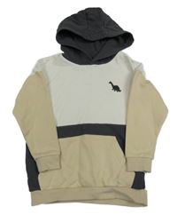 Béžovo-bílo-šedá mikina s dinosurem a kapucí Tu