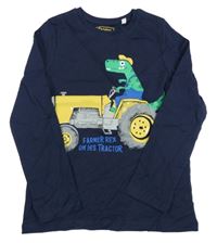 Tmavomodré triko s dinosaurem a traktorem C&A