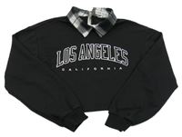 Černá crop mikina s nápisem a košilovým límečkem Shein 