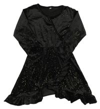 Černo-zlaté třpytivé sametové šaty s volánky 