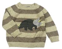 Béžovo-hnědý pruhovaný melírovaný pletený svetr s dinosaurem M&Co