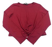 Vínové žebrované crop triko s překřížením PRIMARK