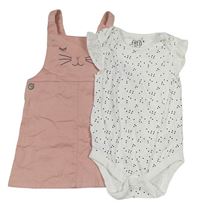 2Set - Světlerůžové šaty s kočičkou + bílé puntíkaté body s volánky s madeirou F&F