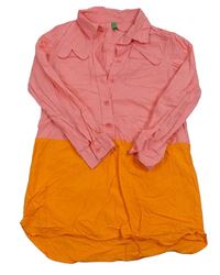 Korálovo-oranžové plátěné košilové šaty Benetton