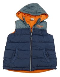 Tmavomodro-modrá prošívaná šusťáková zateplená vesta s nápisy a kapucí YIGGA