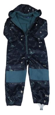 Tmavomodrá softshellová kombinéza s dinosaury a kapucí lupilu