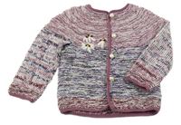 Švestkovo-bílo-černo-vínový melírovaný pletený propínací svetr s květy 