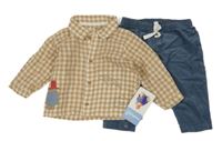 Nové - 2Set - Tmavomodré manšestráky + hnědo/bílá kostkovaná košile s medvídkem - Paddington M&S