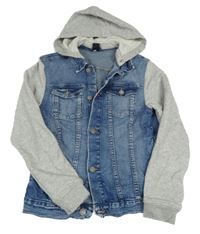 Modro-šedá riflovo/tepláková bunda s límečkem a odepínací kapucí H&M