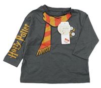 Nové - tmavošedé triko se šálou a kapsou s erbem - Harry Potter