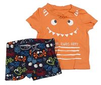 2set - Oranžové tričko s příšerkou + tmavomodré nohavičkové plavky s kraby a rybami