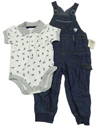 2set - Tmavomodré pruhované podšité laclové kalhoty + bílé polo body se zebrami George