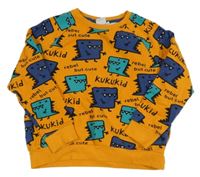 Hořčicová mikina s dinosaury a nápisy