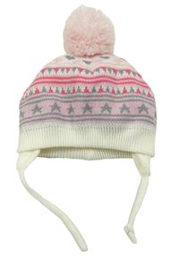 Smetanovo-růžová vzorovaná čepice s bambulí