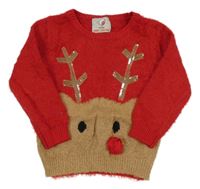 Červený chlupatý svetr se sobem s flitry George