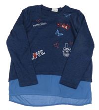 Tmavomodré melírované úpletové triko s obrázky a halenkou Y.F.K.