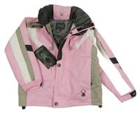 Nové - Růžovo-bílo-šedá šusťáková lyžařská bunda s ukrývací kapucí Spyder