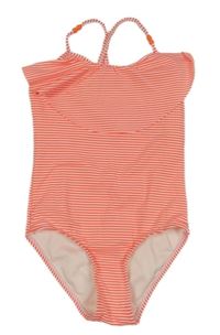 Neonově oranžovo-bílé pruhované jednodílné plavky s volánem Y.F.K.