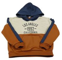 Béžovo-hnědo-tmavomodrá mikina s nápisem a kapucí Shein